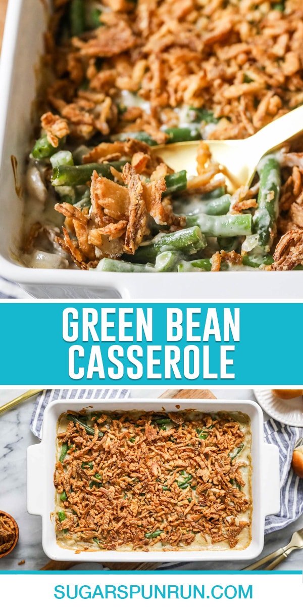 collage of green bean casserole, top image is a close up of cooked beans, bottom image is of cooked casserole photographed from above