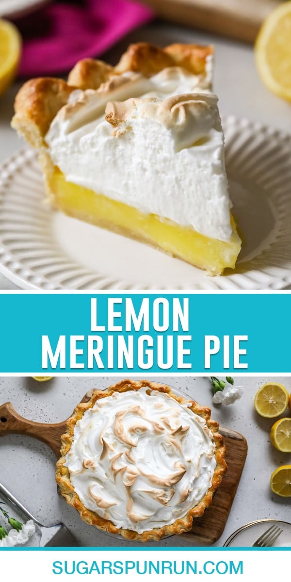 collage of lemon meringue pie, top image of single slice on white plate, bottom image of full pie photographed from above