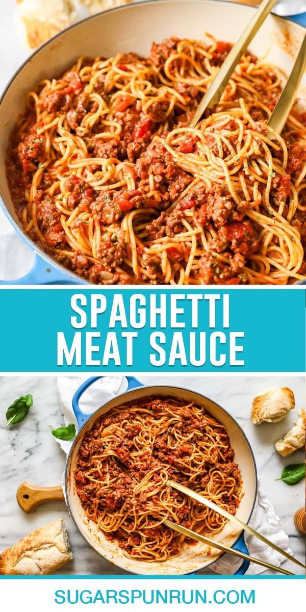 collage of spaghetti meat sauce, top image of spaghetti in pot, bottom image photographed from above