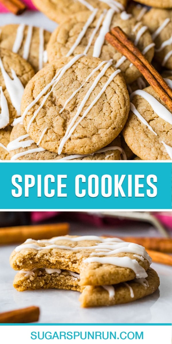 collage of spice cookies, top image of multiple cookies close up, bottom image of two cookies stacked with bite taken out