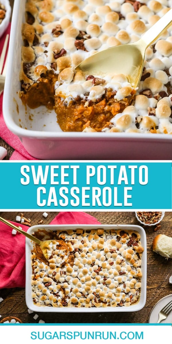 collage of sweet potato casserole, top image is a close up of dish with portion being scooped out, bottom image of casserole dish full of potatoes photographed from above