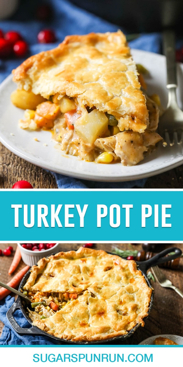 collage of turkey pot pie, top image of single slice on white plate, bottom image of cast iron pie with slice missing