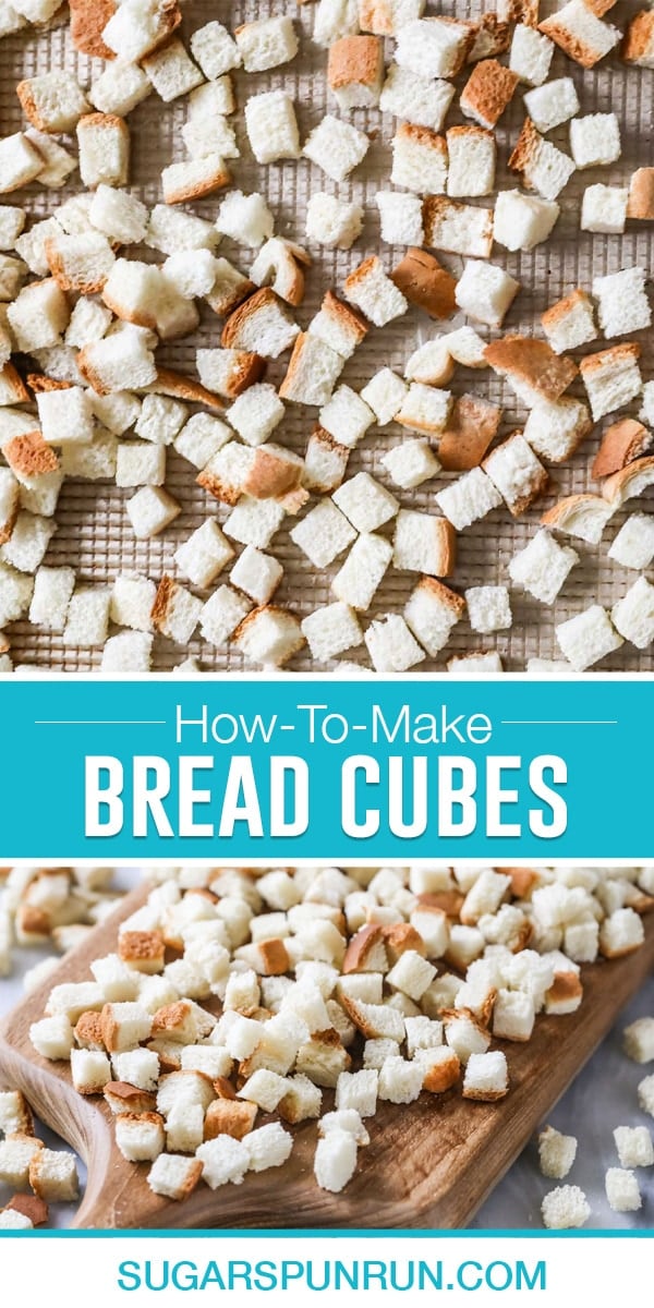 collage of bread cubes, top image of cubes on cooling rack, bottom image of cubes cut on wood cutting board