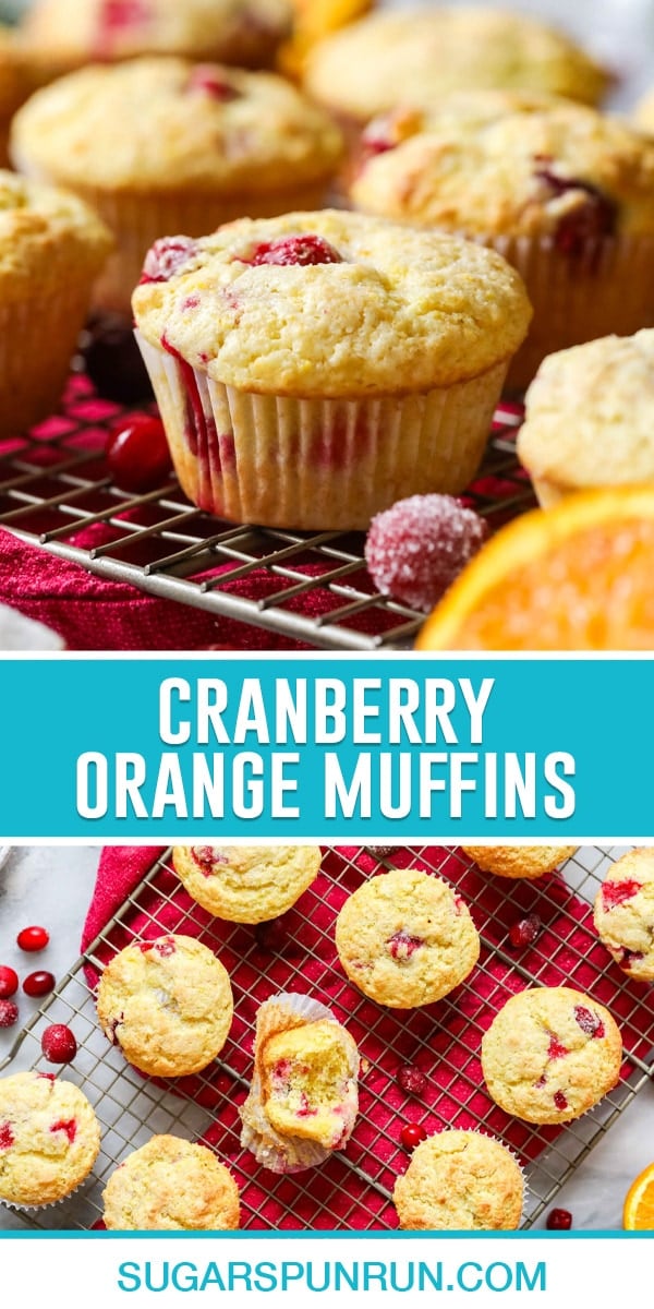 Two image collage of cranberry orange muffins, top image is a close up of muffins, bottom image of multiple muffins on wire rack photographed from above