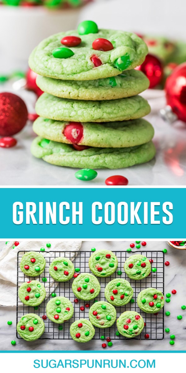 collage of grinch cookies, top image of cookies stacked, bottom image of cookies on cooling rack