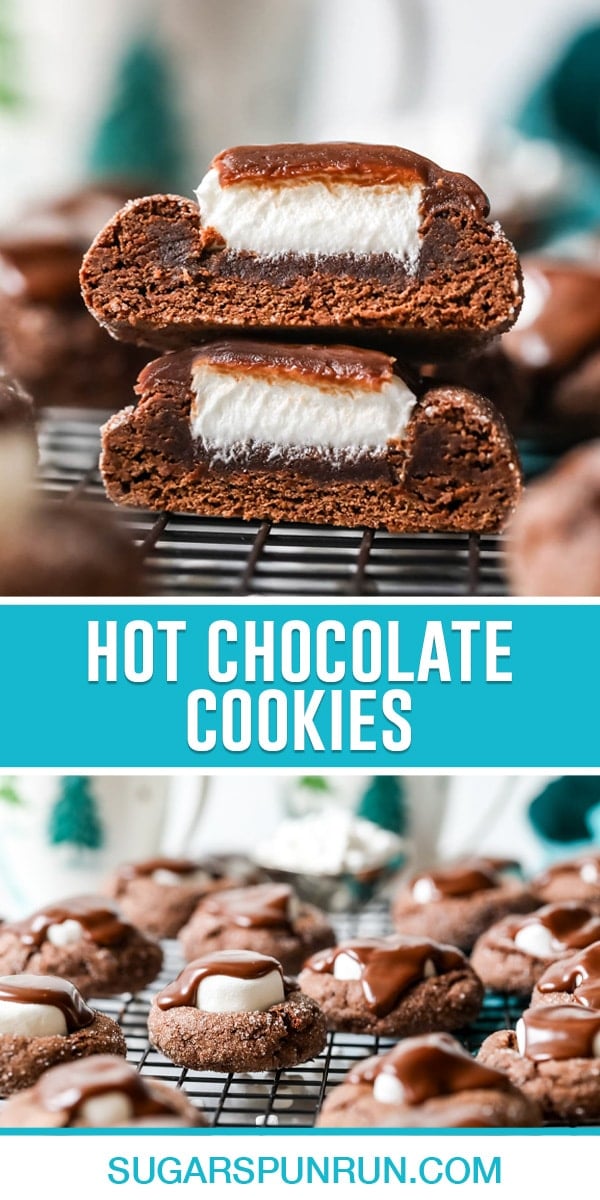 Two image collage of hot chocolate cookies, top image of two cookies stacked sliced in half shwoing insides, bottom image of multiple cookies chilling on cooling rack