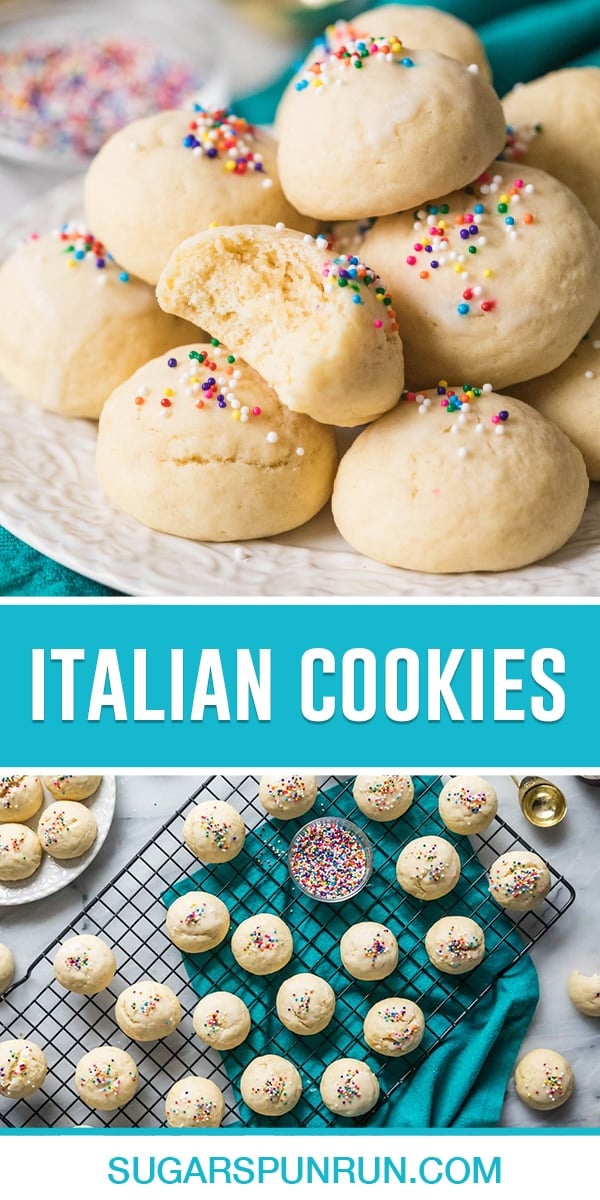 Two image collage of Italian Cookies, top image of multiple cookies stacked on white serving dish, bottom image birds eye view of cookies on cooling rack