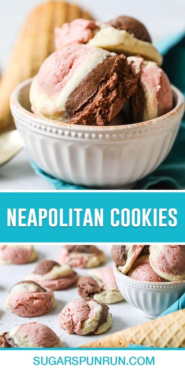 collage of neapolitan cookies, top image of multiple cookies in white bowl, bottom image of cookies spread out slab