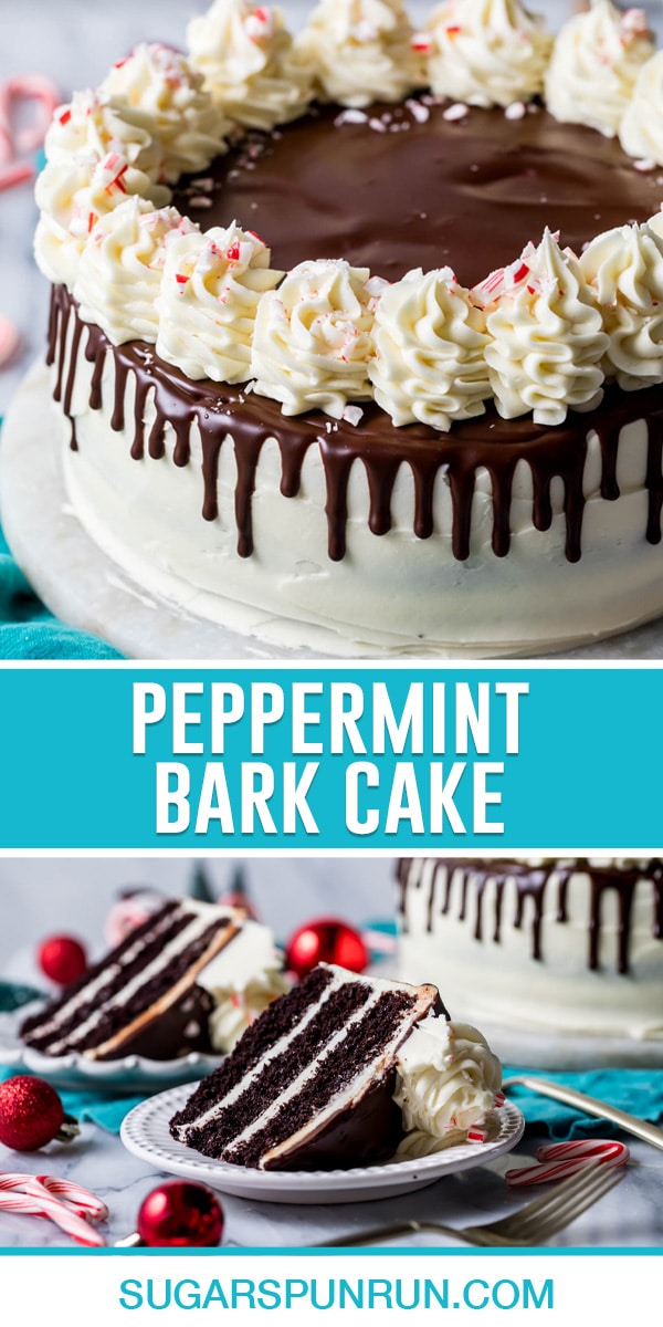 Two image collage of Peppermint Bark Cake, top image of full cake decorated, bottom image of two slices on white plates