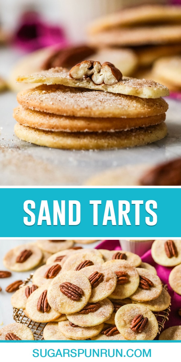 collage of sand tarts, top image of four cookies stacked, one with bite taken out, bottom image of multiple cookies on gold wrack stacked