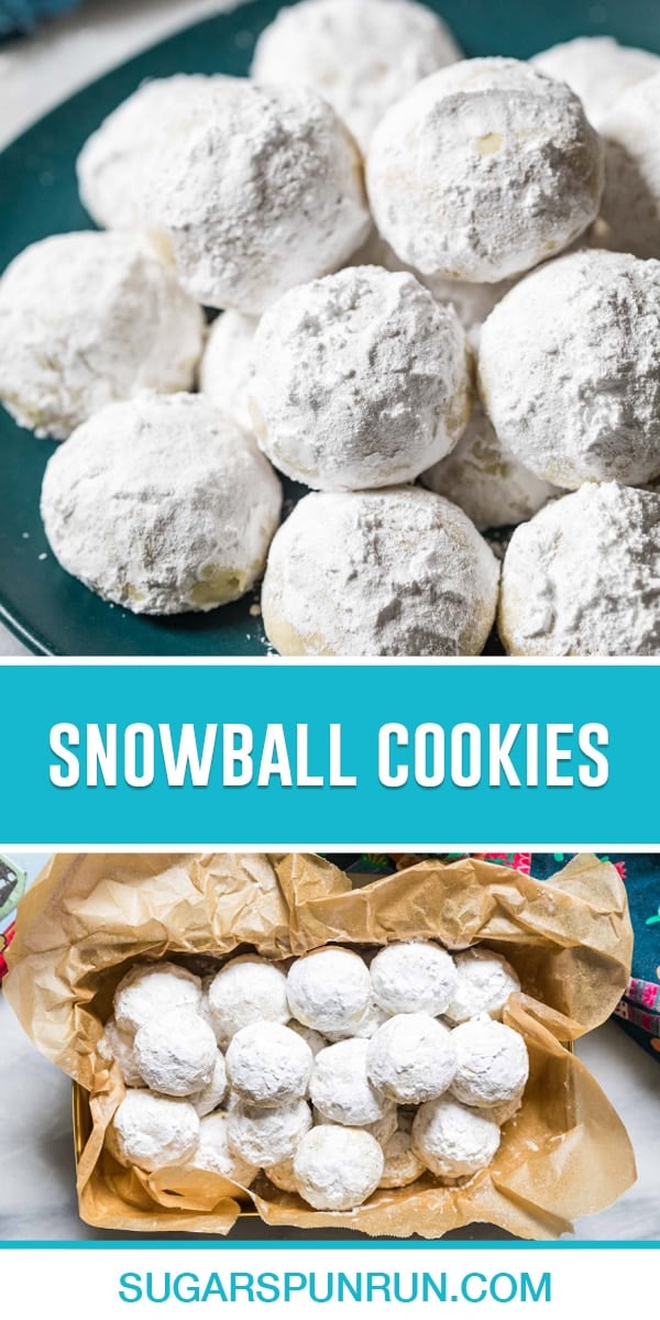 collage of snowball cookies, top image of multiple cookies on plate, bottom image of multiple cookies in cookie tin