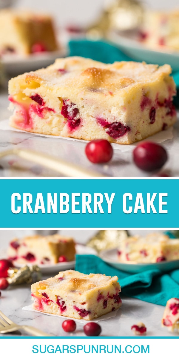collage of cranberry cake, top image of single slice of cake close up, bottom image photographed further away