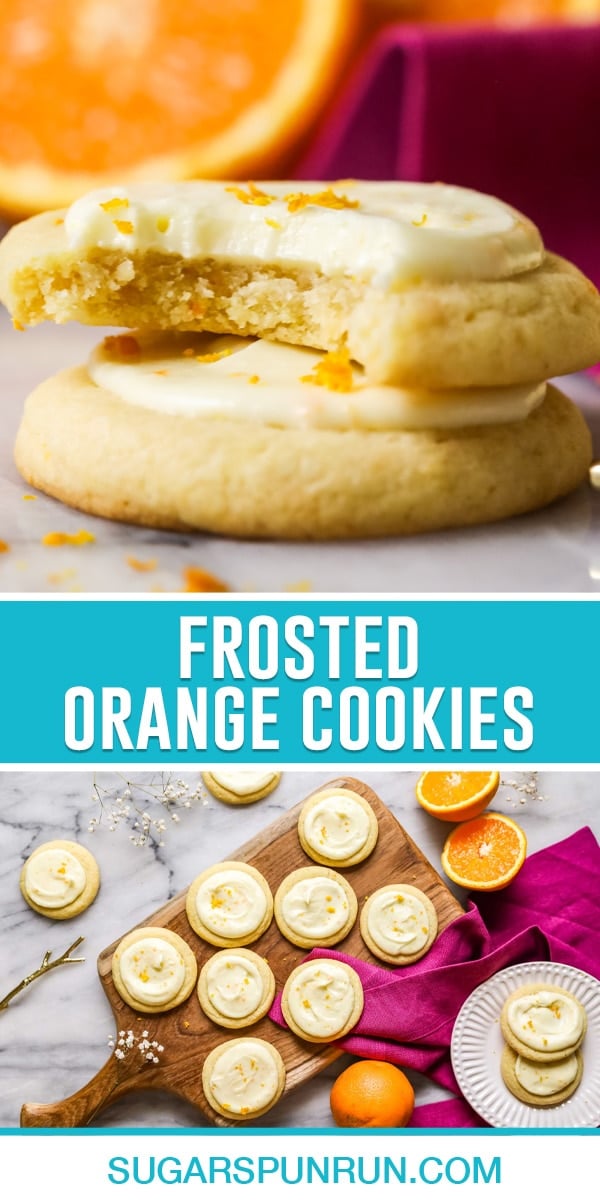 frosted orange cookies, top image of two cookies stacked top with bite taken out, bottom image of cookies on wood slab photograped from above