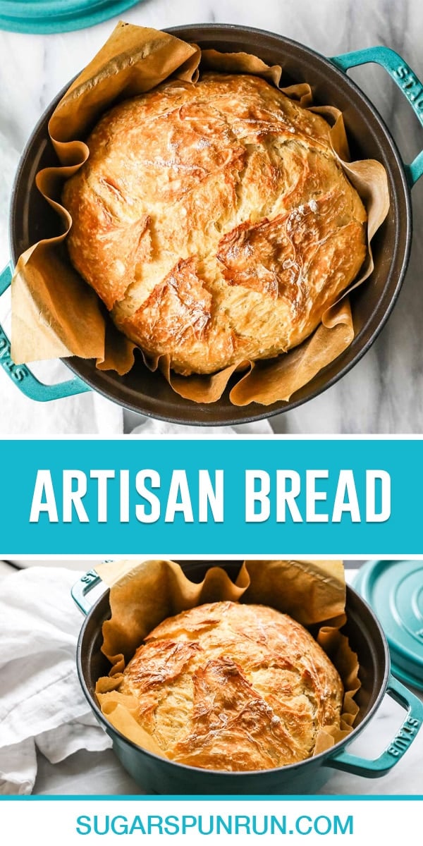 collage of artisan bread, top image of loaf in dutch oven photographed from above, bottom image same loaf photographed from side