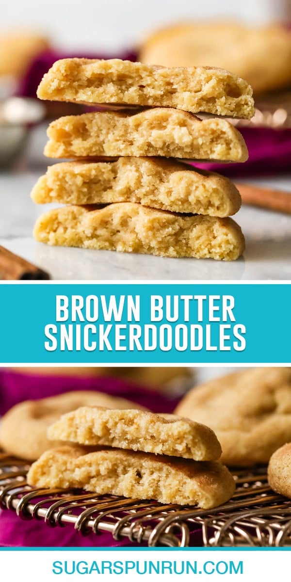 collage of brown butter snickerdoodles, top image of two cookies broken in half and stacked, bottom image of cookie broken in half on gold rack