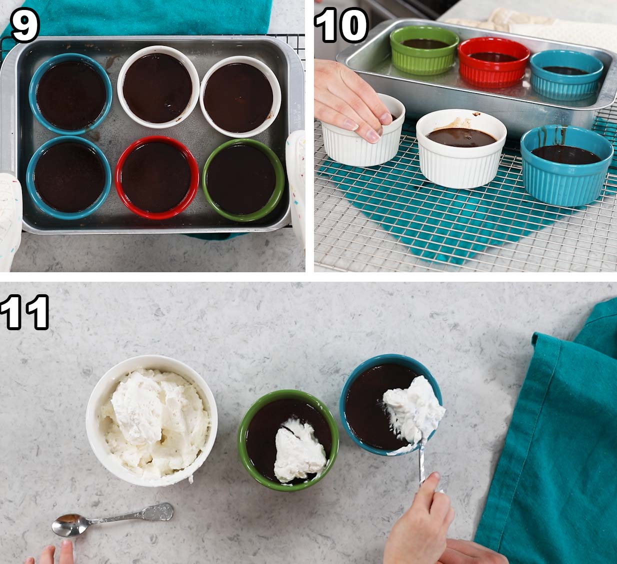 Three photos showing chocolate custard in ramekins before and after baking.