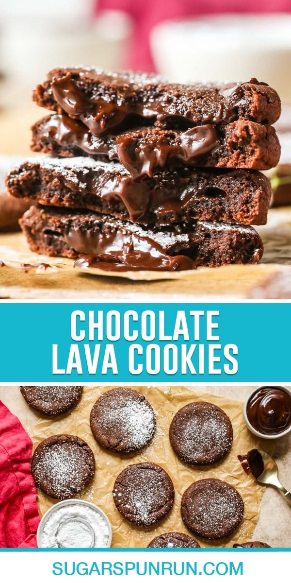 collage of chocolate lava cookies, top image of two cookies broken open and stacked to see gooey chocolate center, bottom image of multiple cookies photographed from above