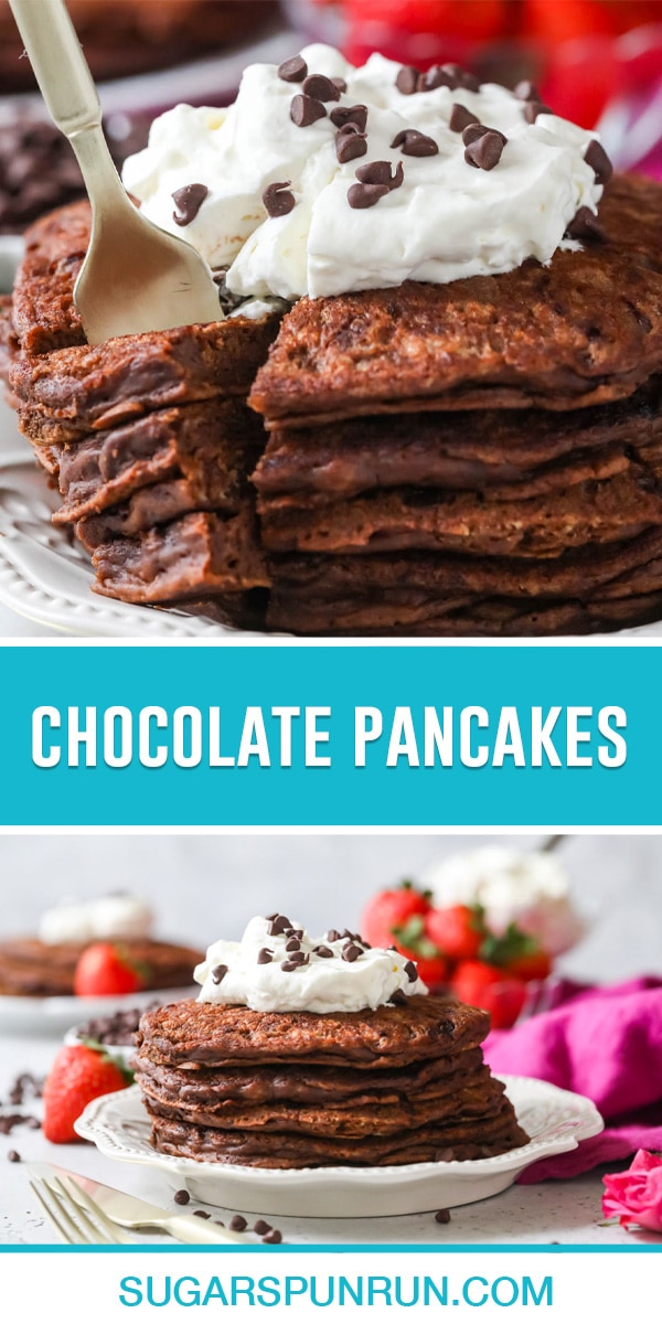 collage of chocolate pancakes, top image full stack topped with whipped cream and chcolate chips with bite being taken out with fork, bottom image is same stack without bite