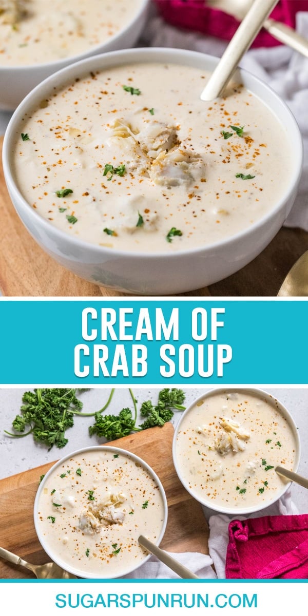 Collage of cream of crab soup, top image is close up of bowl of soup, bottom image of two bowls photographed from above