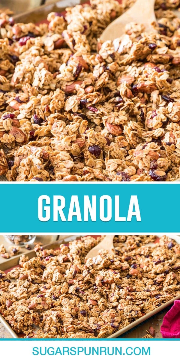 Collage of homemade granola, top image of close up of granola, bottom image of granola in baking pan