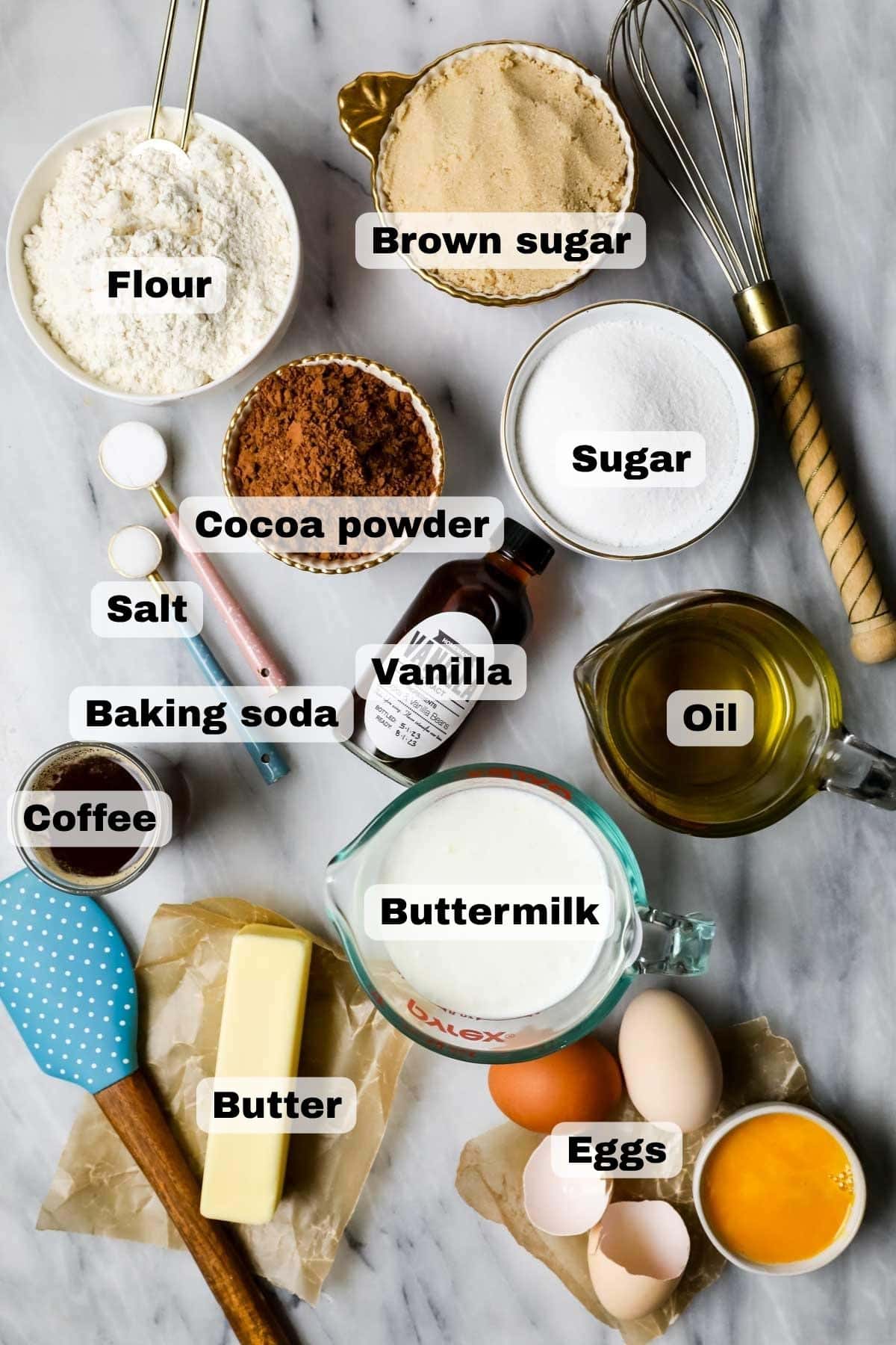 Ingredients needed for my chocolate cake recipe.