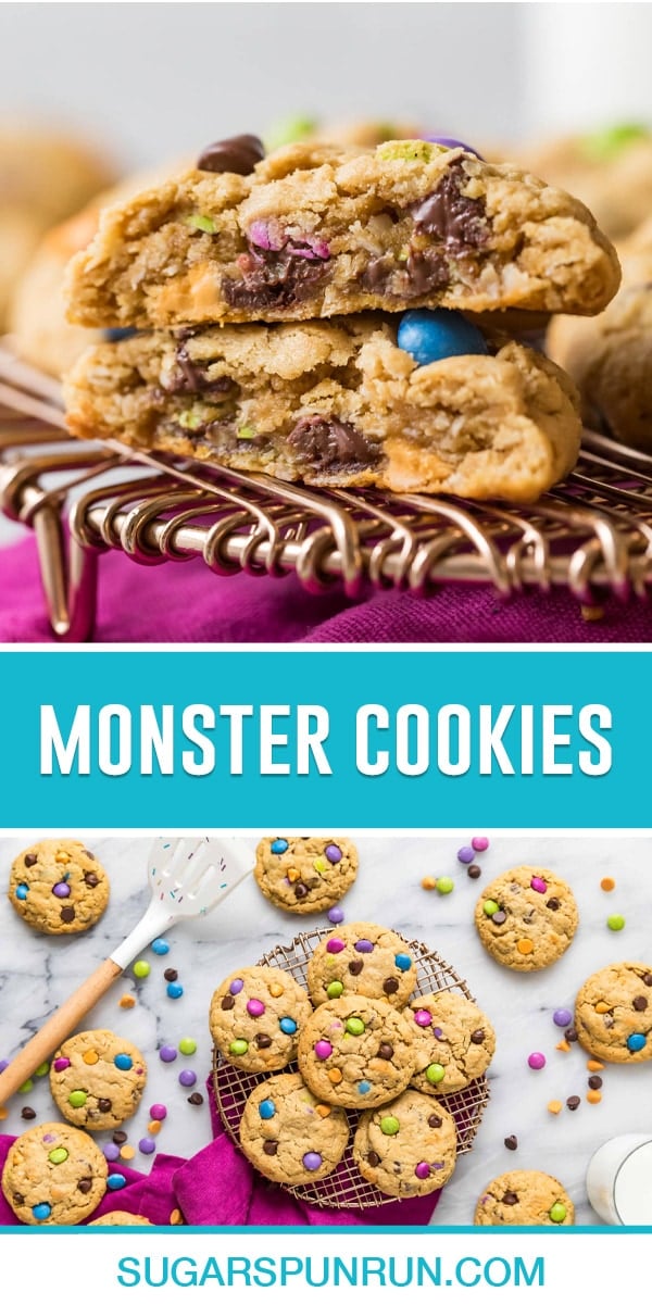 collage of monster cookies, top image of two cookies broken in half stacked, bottom image of cookies stacked on wire rack photographed from above