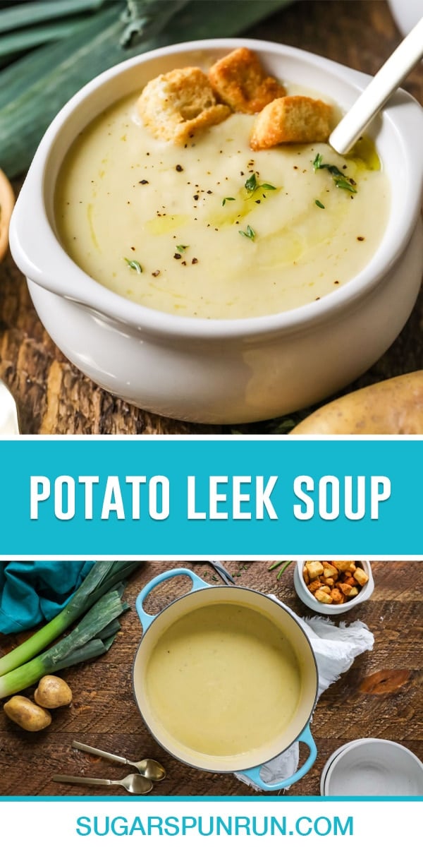 collage of potato leek soup, top image of single bowl of soup with spoon, bottom image of soup in pot with ingredients photographed from above