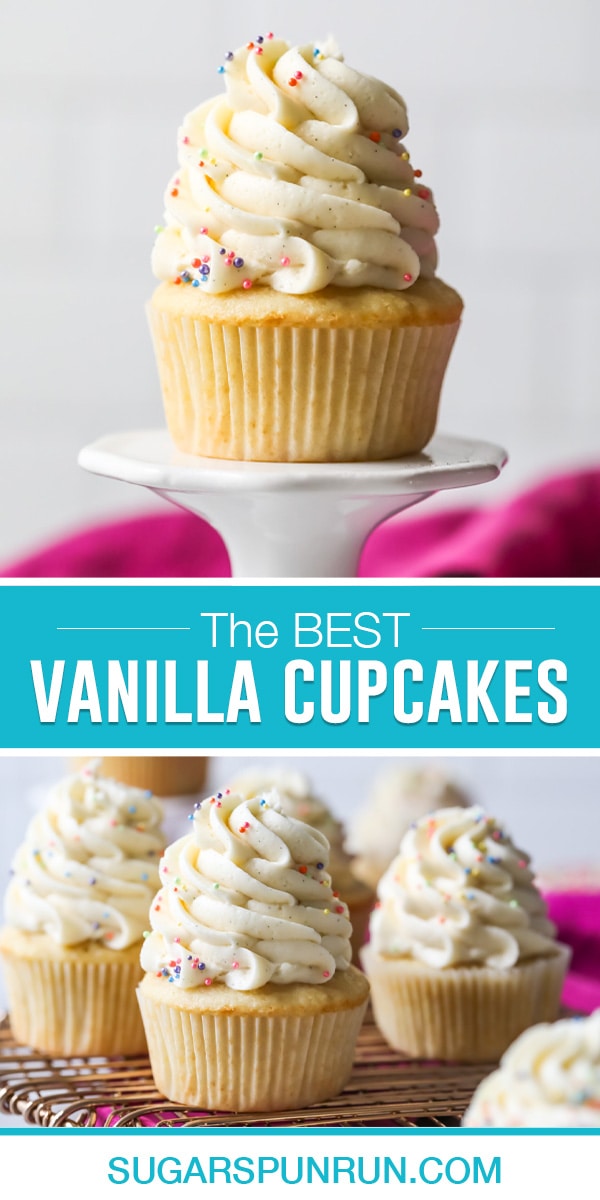 collage of the best vanilla cupcakes, top image of single cupcake on white stand, bottom image of multiple frosted cupcakes on gold wire platter