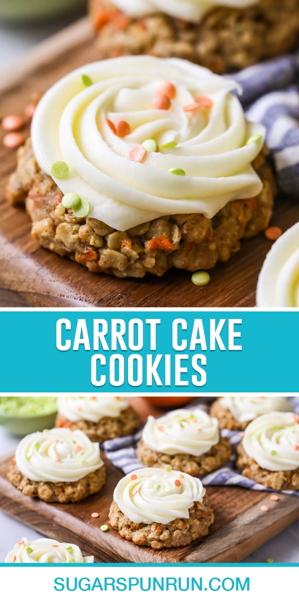collage of carrot cake cookies, top image close up of single cookie, bottom image of multiple cookies nicely placed on wood slab