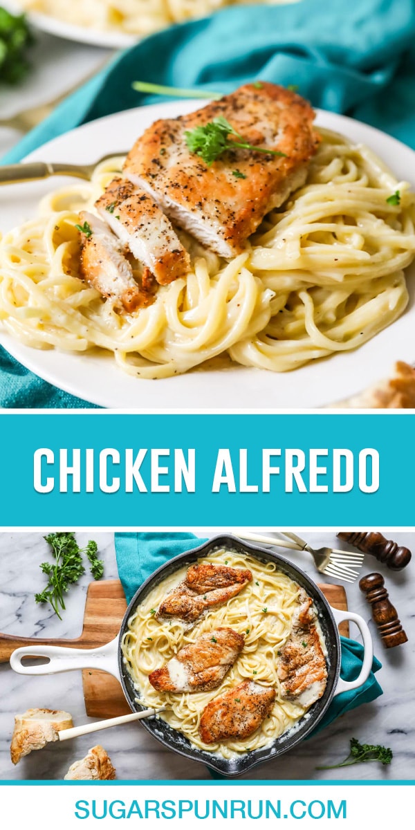 collage of chicken alfredo, top image of Alfredo on white plate, bottom image of Alfredo in skillet photographed from above