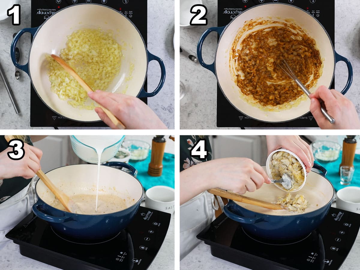 Collage of four photos showing onion being sautรฉed and combined with spices, cream, and crab.