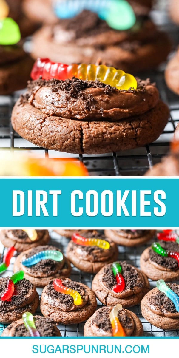 collage of dirt cookies, top image of single cookie close up, bottom image of multiple cookies on cooling rack