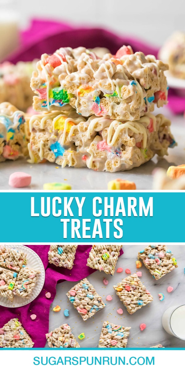 collage of lucky charm treats, top image of two bars stacked, bottom image of multiple bars on marble slab photographed from above