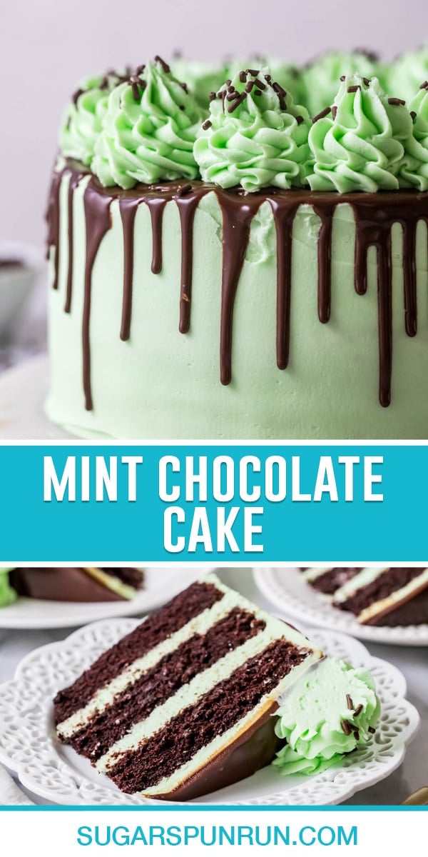 collage of mint chocolate cake, top image of full cake, bottom image of single slice on white plate