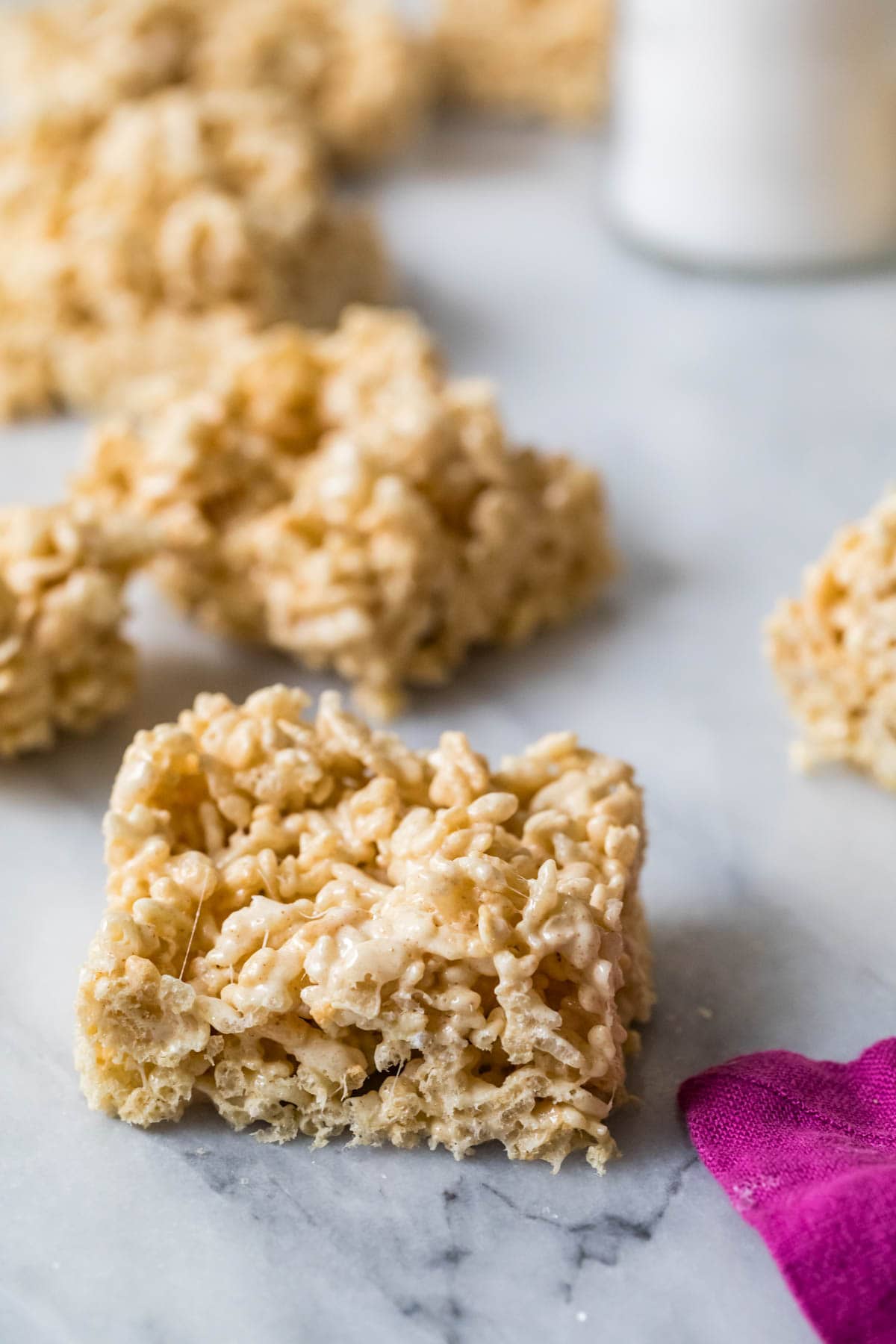 Close-up view of rice kripsie treats made with brown butter.