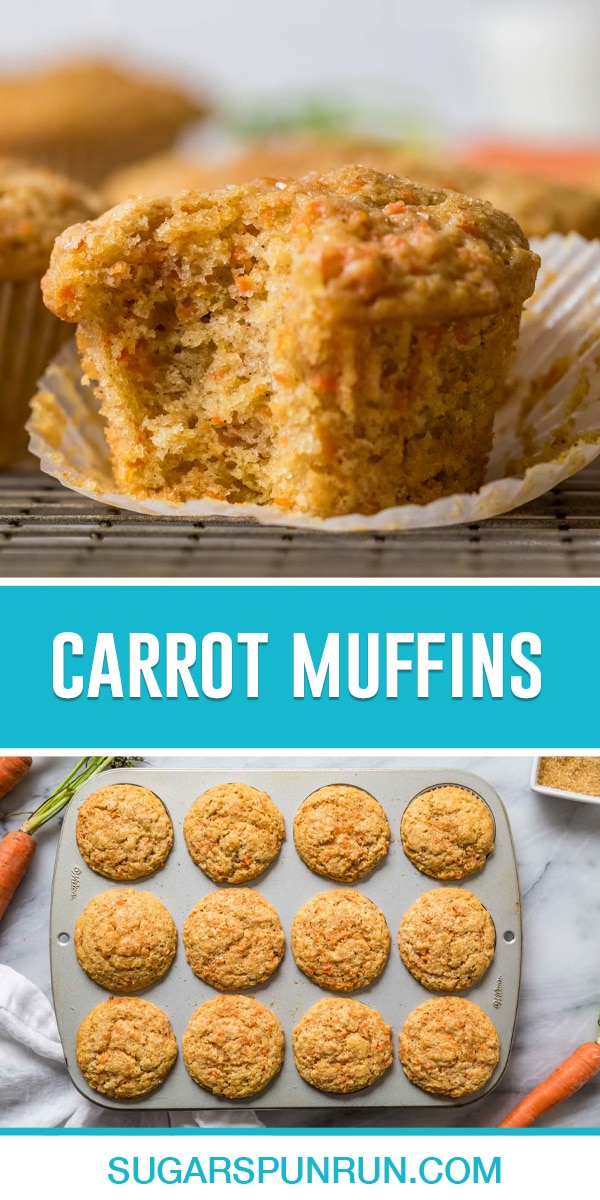 2-image collage of carrot muffins, top image of fluffy, bitten into muffin, bottom image of overhead of muffins in pan