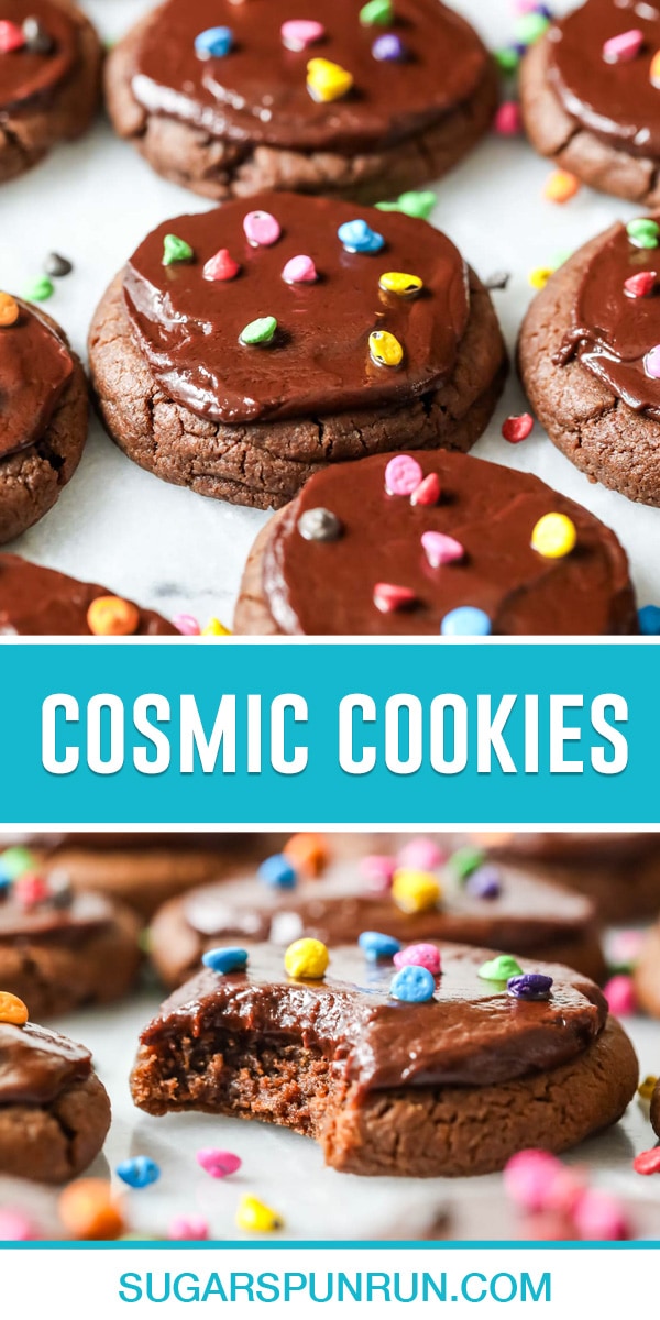collage of cosmic cookies, top image of cookies on marble slab photographed close up and neatly spaced, bottom image of single cookie close up with bite taken out