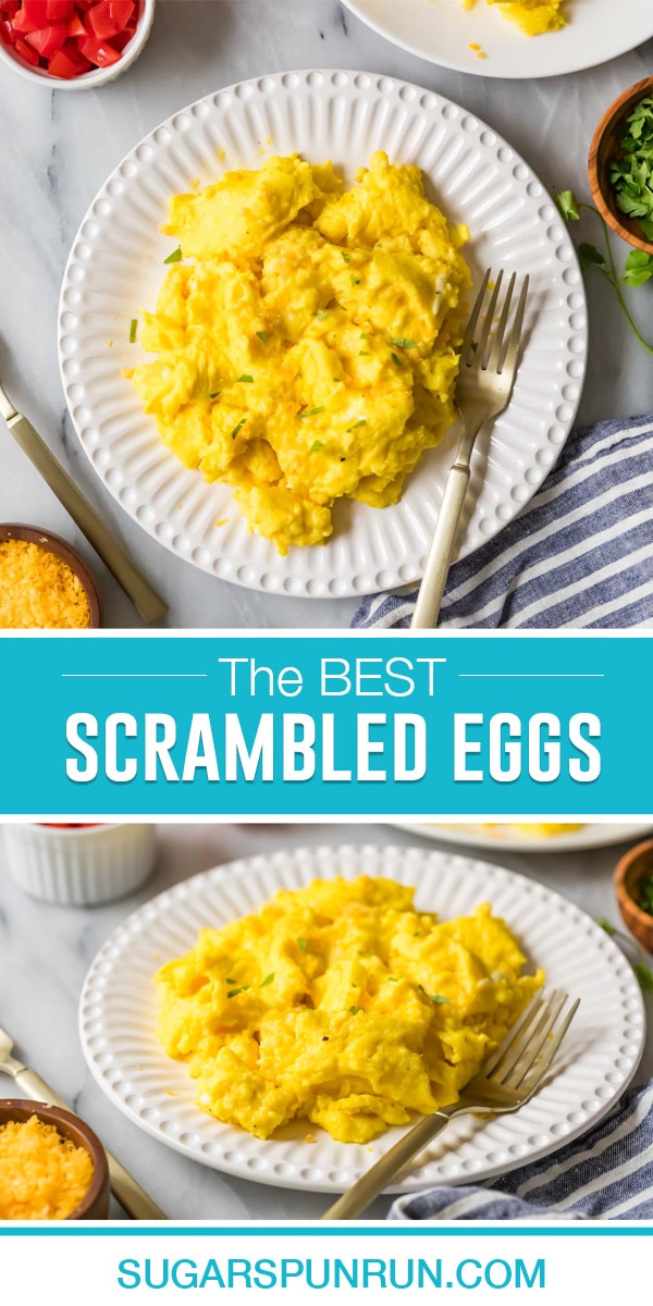 collage of scrambled eggs, top image is a plate full of eggs photographed from above, bottom image photographed close up on side