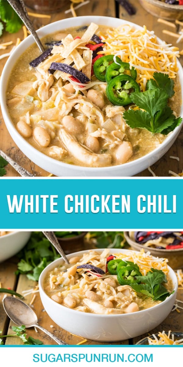 collage of white chicken chili, top image close up of single bowl, bottom image same bolw photographed from the side.