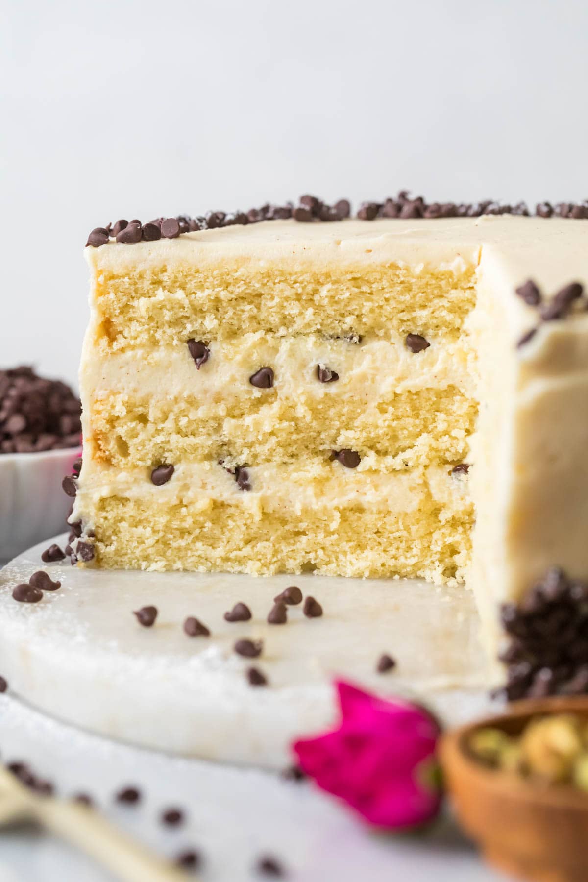 Cross section of a cake that's been frosted with a mascarpone and ricotta frosting and studded with mini chocolate chips to resemble a cannoli.