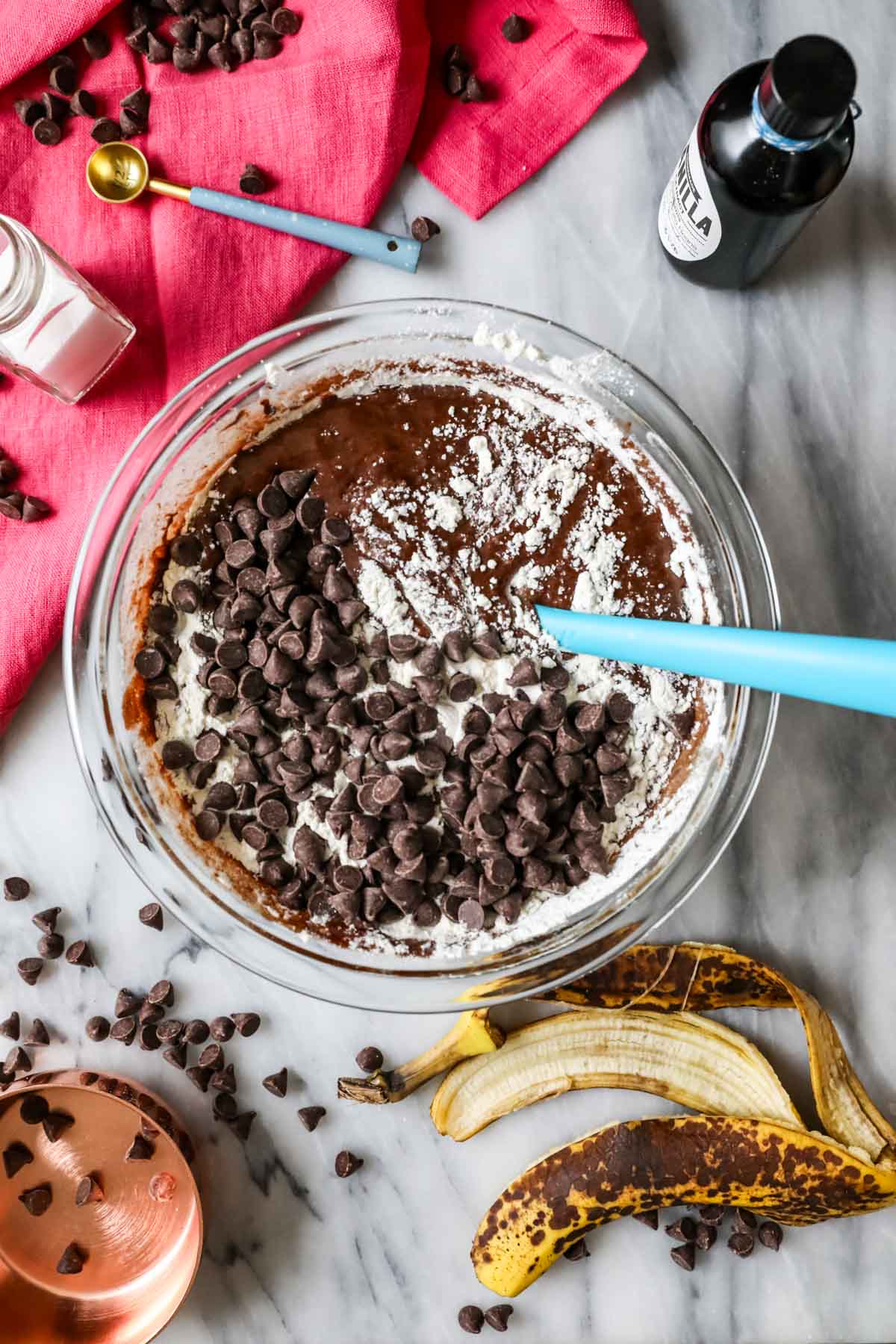 Overhead view of brownie batter before being combined.