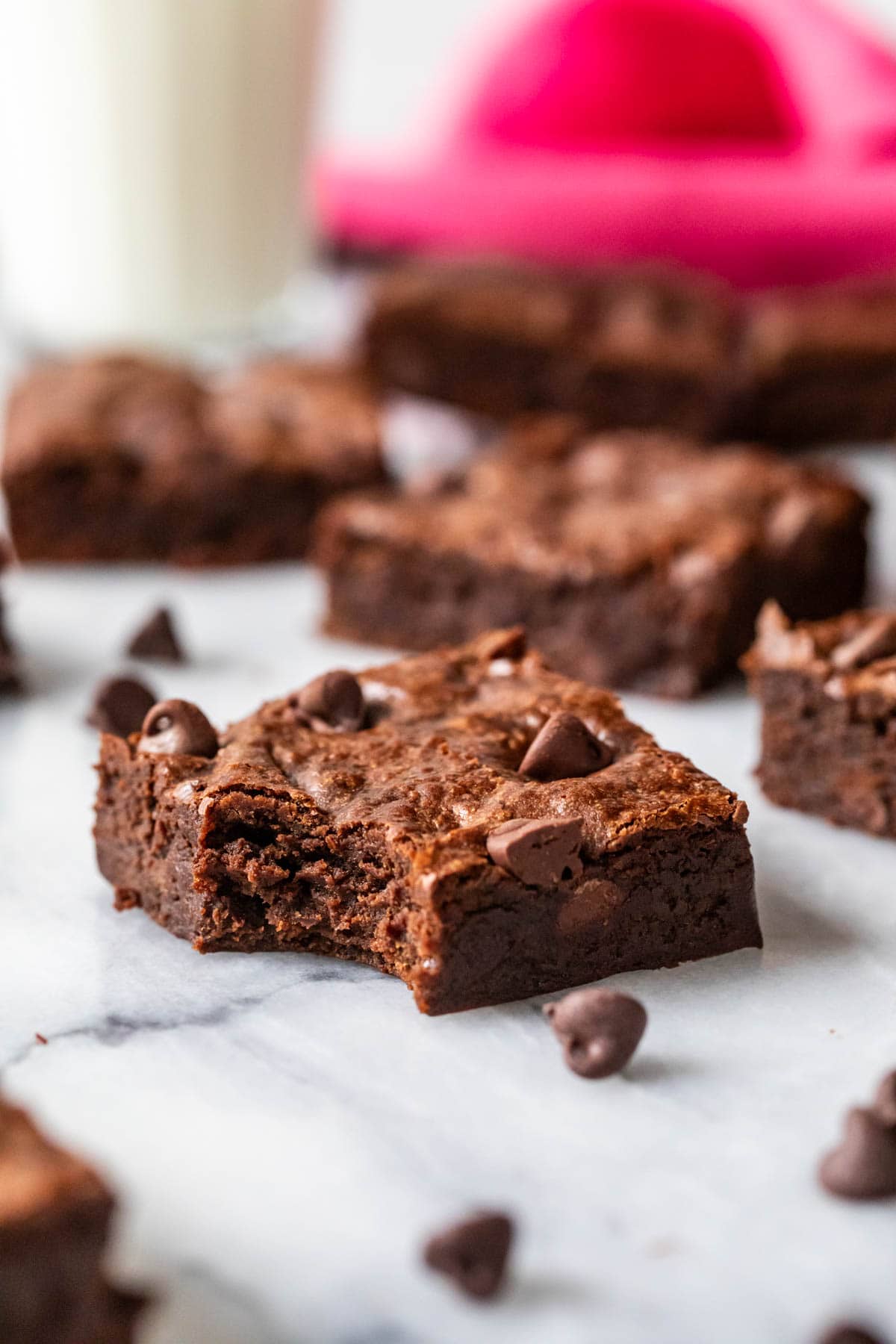 Banana brownie with one bite missing.