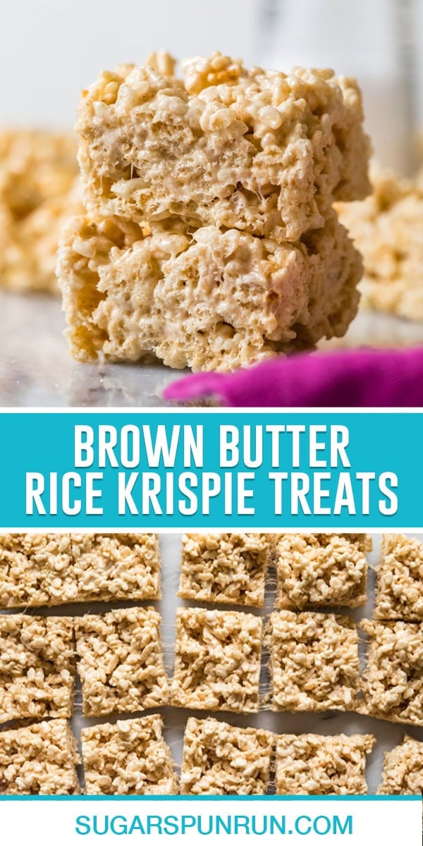 collage of brown butter rice krispie treats, top image of two bars stacked, bottom image of multiple treats cut photographed from above