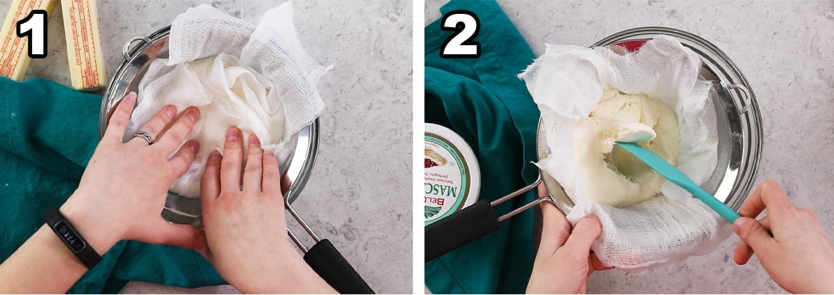 Two photos showing ricotta being pressed in cheesecloth to reduce the moisture content.