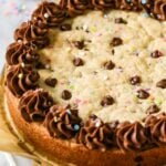 Close-up view of a chocolate chip cookie cake topped with a ring of chocolate frosting and sprinkles.