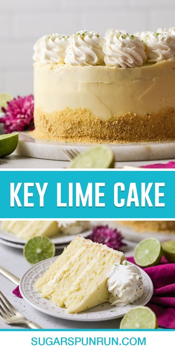 collage of key lime cake, top image of full cake on marble cake slab, bottom image of single slice on white plate