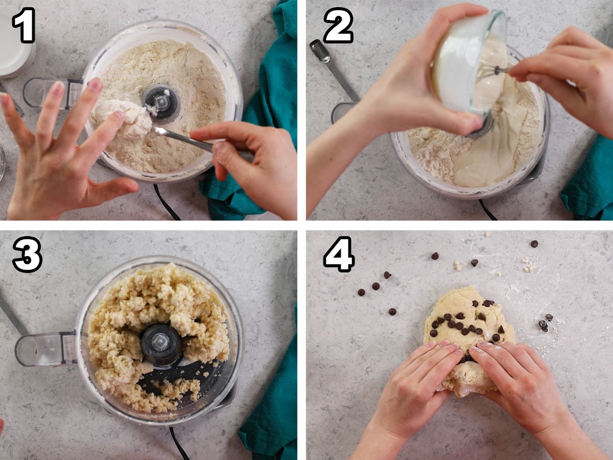 Four photos showing sourdough discard being added to scone dough before lamination.