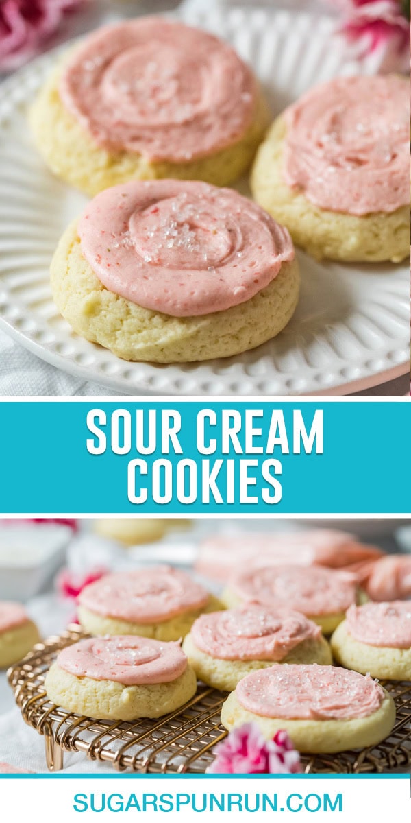 collage of sour cream cookies, first image showing pink-frosted cookies on a plate and second showing them on a cooling rack.