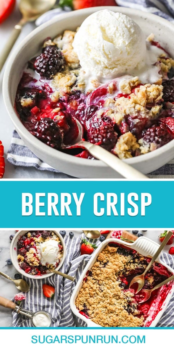 collage of berry crisp, top image is a close up of berry crisp with ice cream on top, bottom image of dish with full casserole of crisp with bowl on side photographed from above