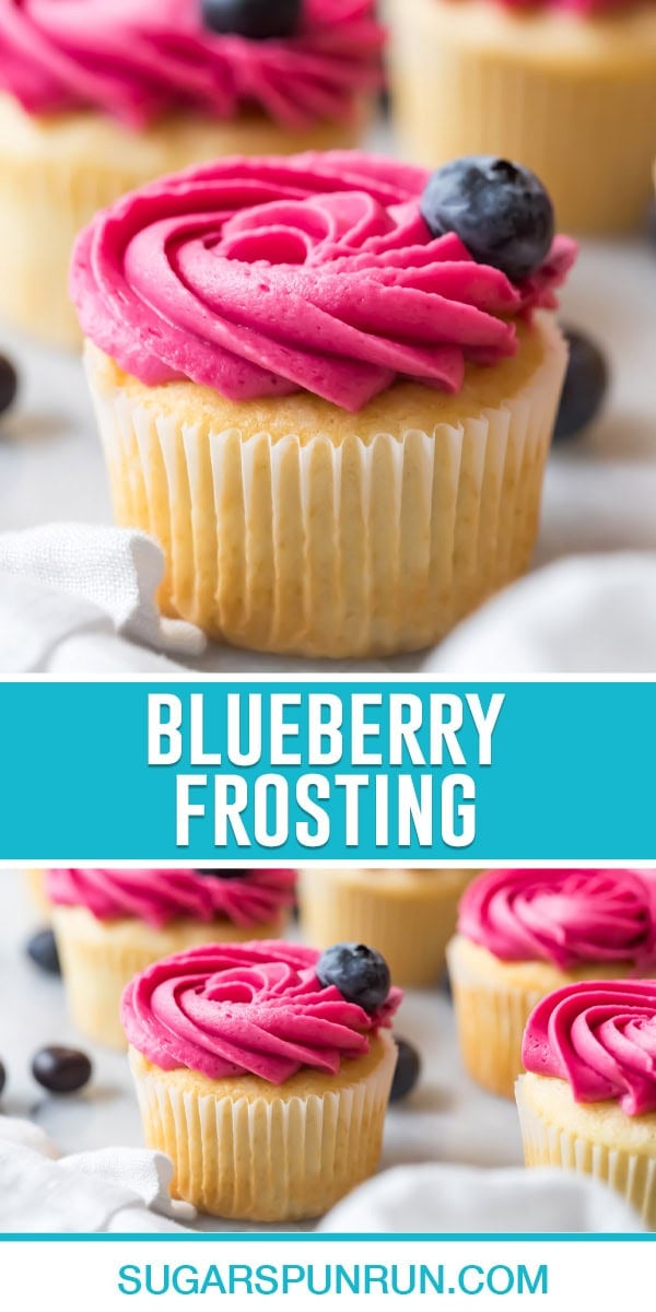 collage of blueberry frosting, top image of single cupcake frosted close up, bottom image same photographed further away